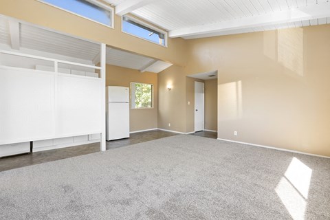 an empty living room with a carpeted floor and a window